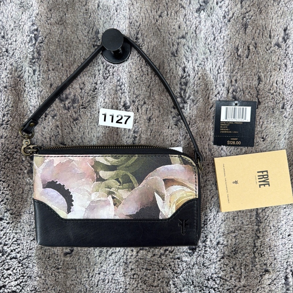 NWT FRYE Effie Floral Printed Leather Wristlet Clutch Black $128